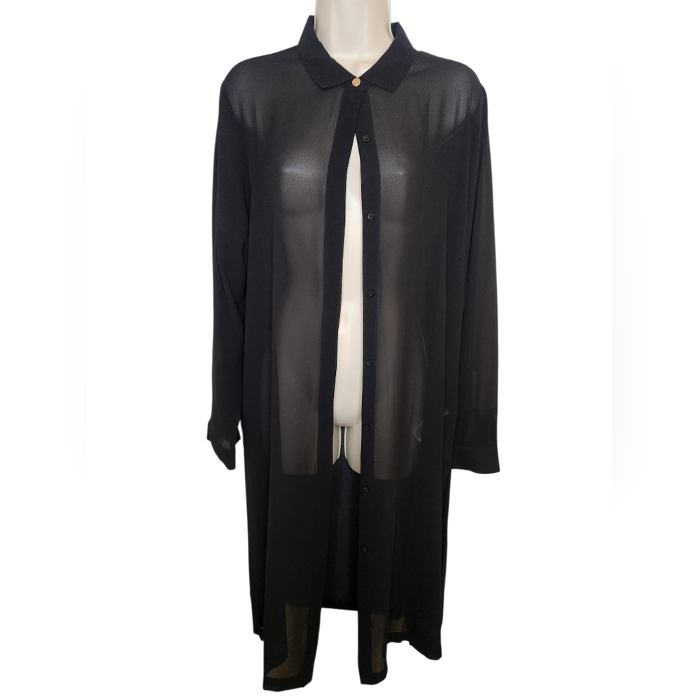 DKNY Sheer Black Shirt Dress Button Down Duster Cover Up Minimal Chic Size Mediu